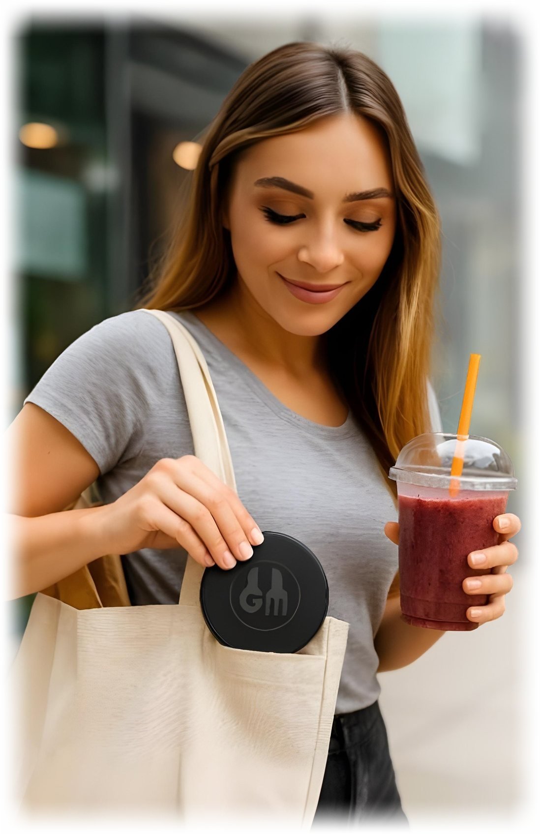 A woman slipping the Macroscale into her tote bag while holding a smoothie