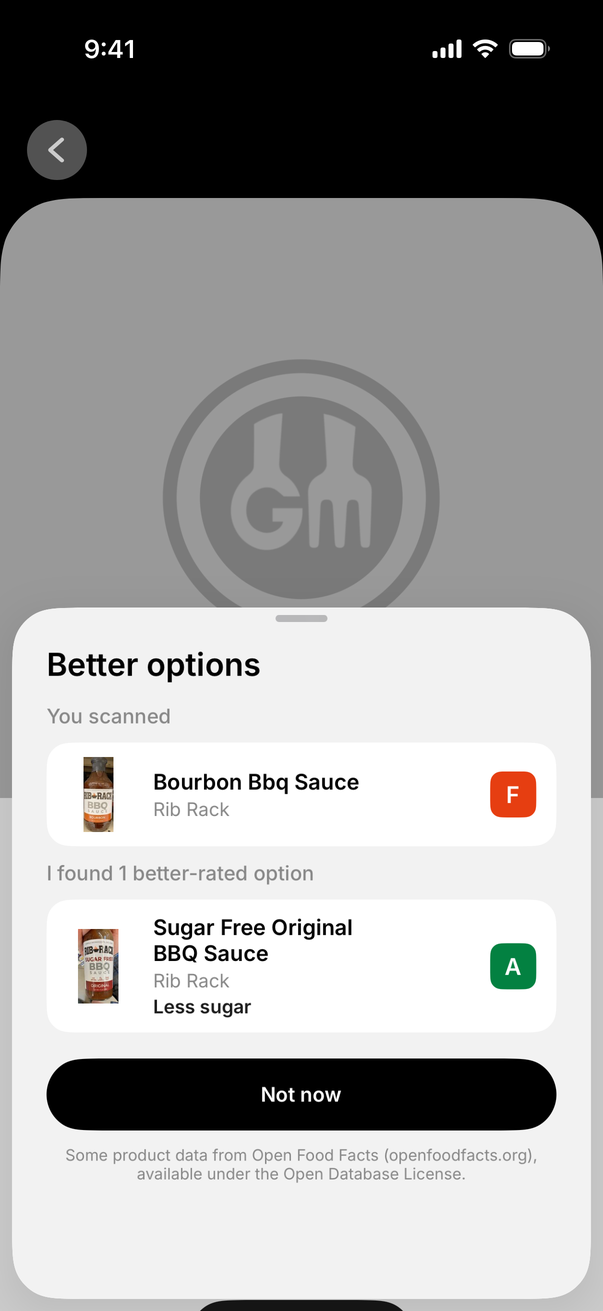 A scanned BBQ sauce graded F, with a better-rated A option