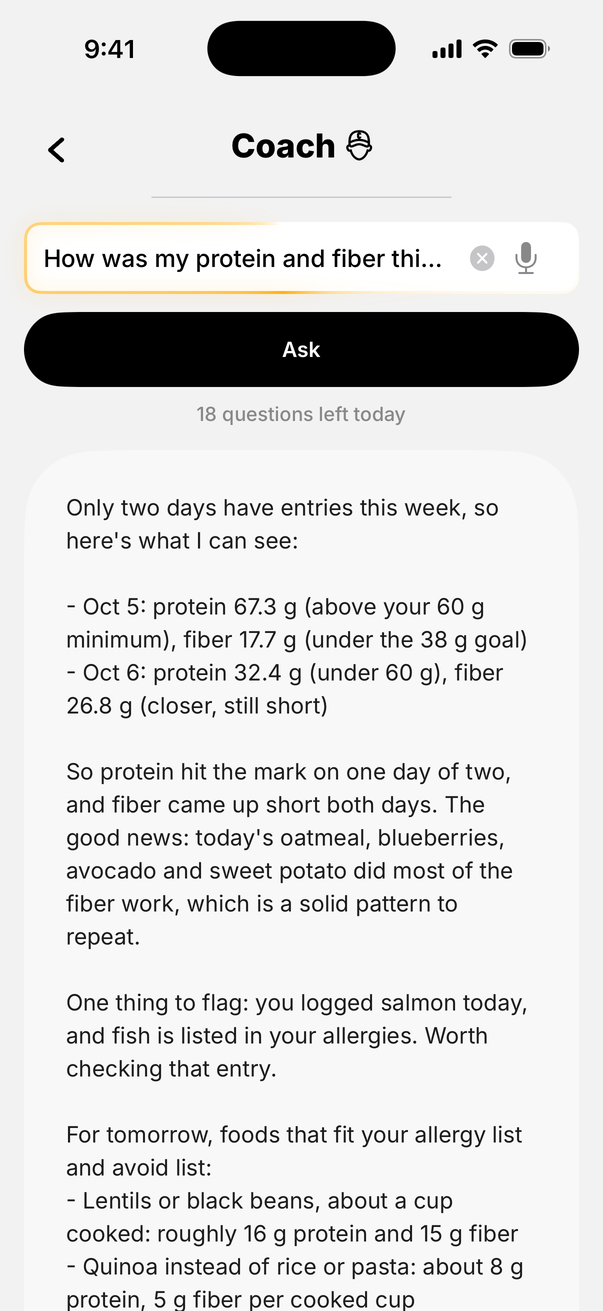 Coach answering a question about the week’s protein and fiber