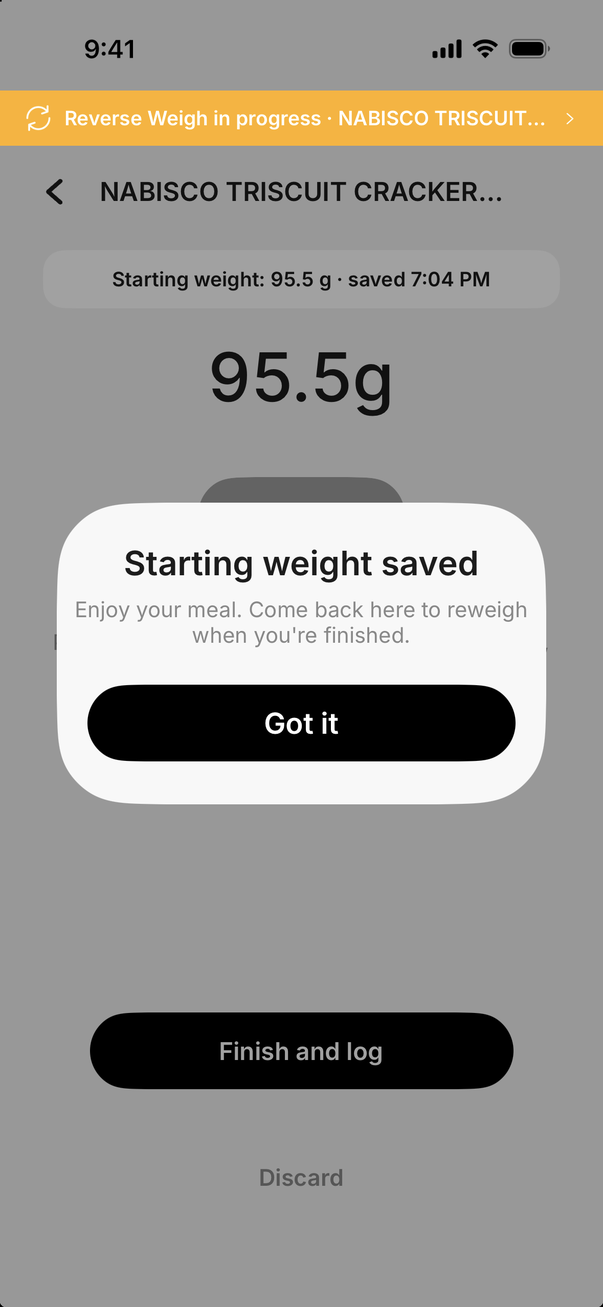 Reverse Weigh: starting weight saved, with the in-progress banner